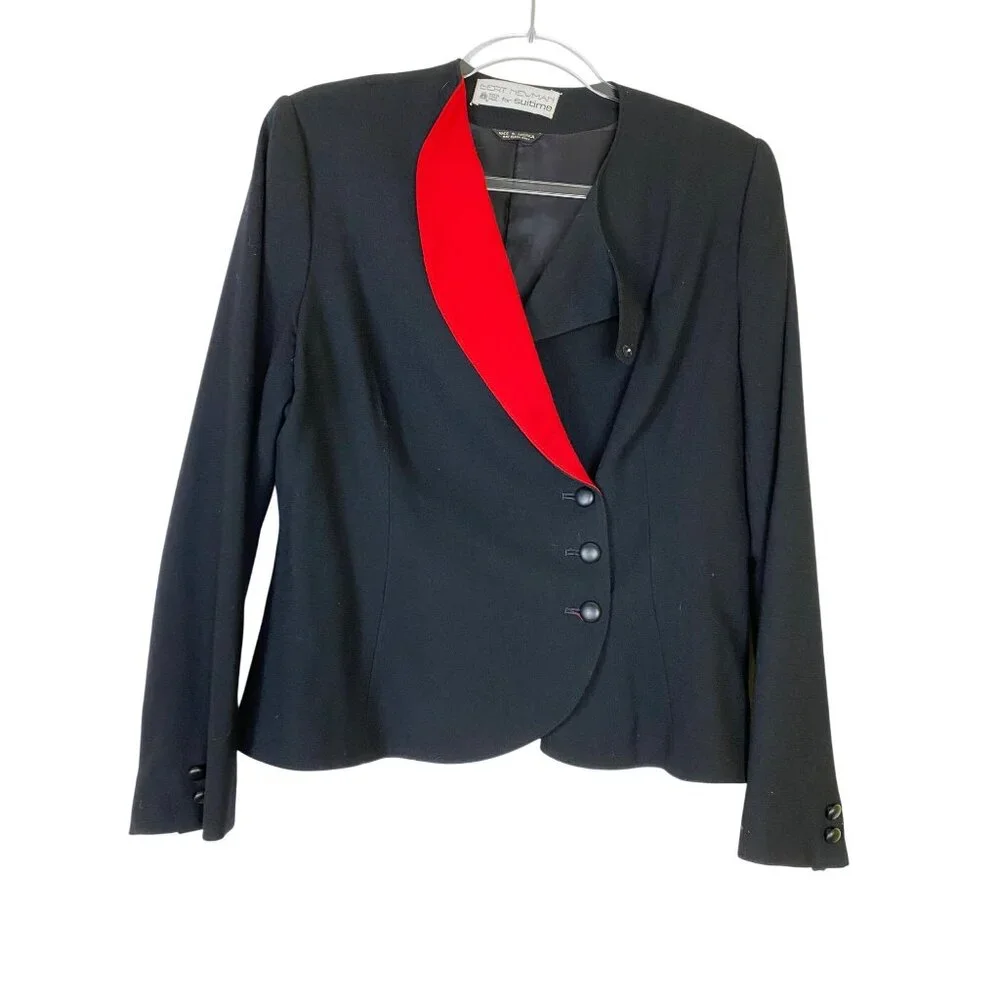 BERT NEWMAN SUITIME Vintage Black Wool Blazer Red Accent Lapel Size 14‎ Eighties
